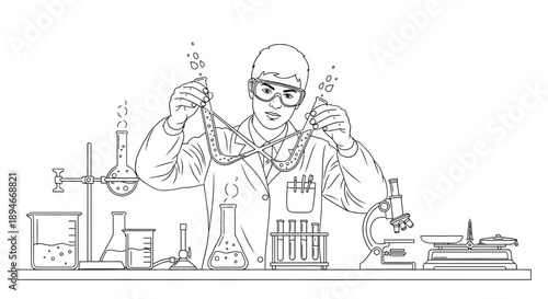 A scientist in a lab coat conducts an experiment with various equipment and test tubes in a laboratory setting from a front viewpoint