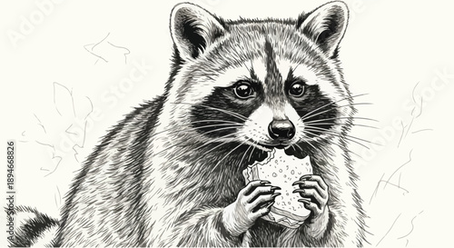 Detailed sketch of a raccoon eating nature art