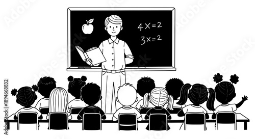 A teacher stands in front of a classroom, teaching students with a blackboard illustration in the background.