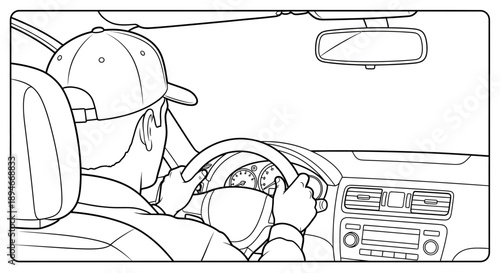 Man driving a car with a child on his lap from the backseat viewpoint in a vehicle interior