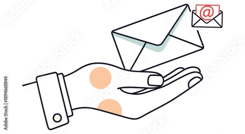An illustrated hand holding an envelope with an email symbol emerging from it, depicted in a simple line art style from a straightforward viewpoint.