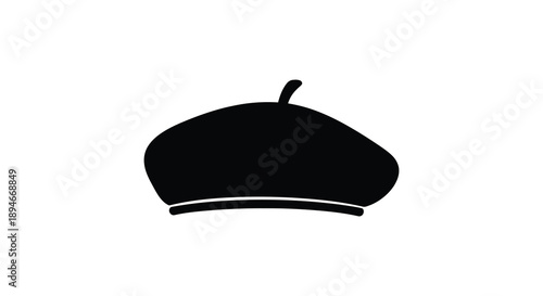 A simple stark black silhouette of a classic beret hat against a plain white background silhouette high quality