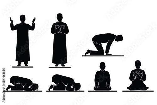 Islamic prayer positions for muslim worship and devotion in silhouette  various postures