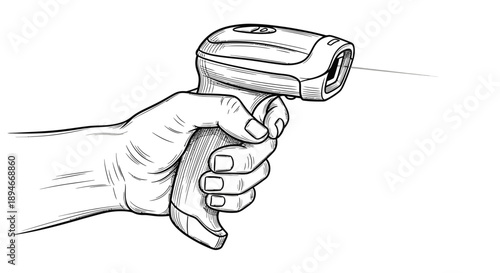 A hand holding an infrared thermometer, pointing it forward with a clear view of the device's details and a simple, white background.