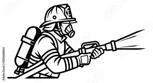 Firefighter in action, holding hose and spraying water, illustrated in black and white line art, dynamic pose, emergency response scene