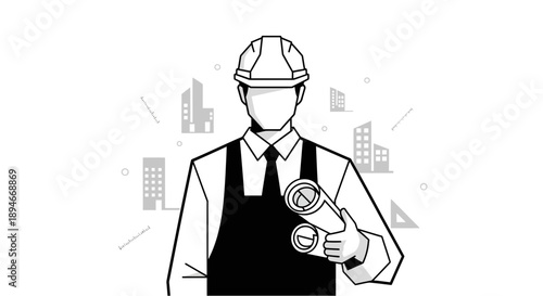 A faceless worker in overalls and hard hat holds a wrench confidently in front of a cityscape with various buildings and construction elements.