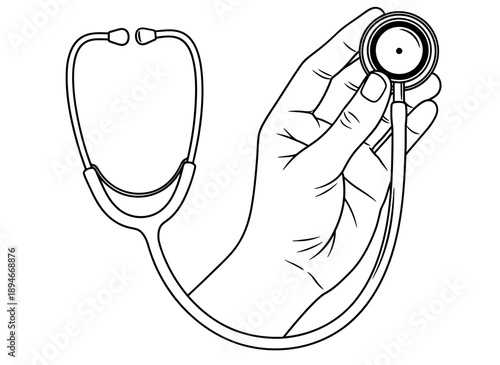 A hand holding a stethoscope with the chest piece facing forward on a white background