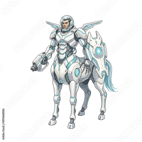 Futuristic Cyborg Centaur Man Standing with Gun and Shield Ready for Battle in Science Fiction Illustration