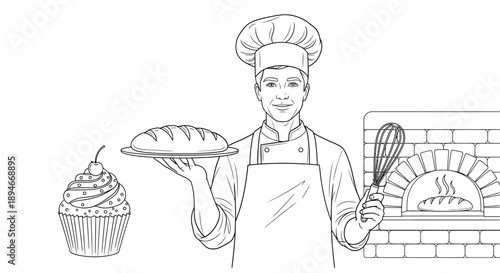 A smiling baker holding a tray with freshly baked bread standing in front of a brick oven with a cupcake nearby