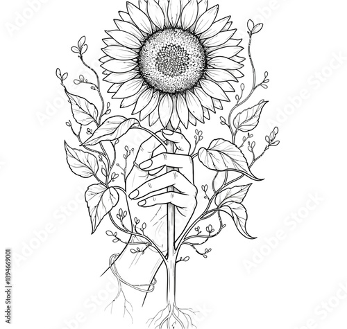 A hand cradles a blooming sunflower with roots and leaves in a serene illustration from a front viewpoint, symbolizing growth and gentle care.