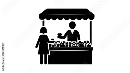 Customer buying produce from a market stall vendor illustration.
