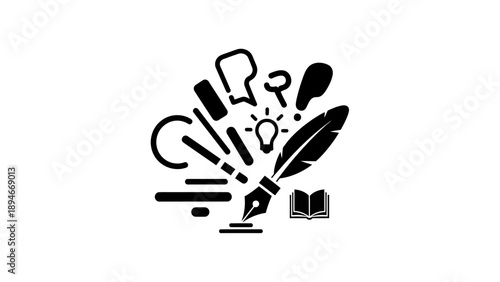 Creative Writing Tools And Ideas Icon Set.