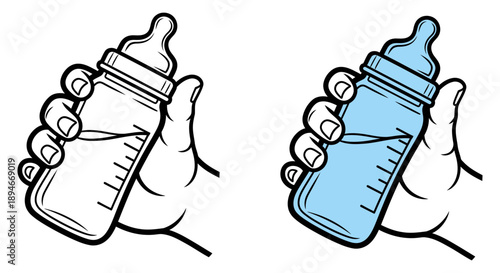 A hand holds a baby bottle in two different styles, one outlined and the other colored, showcasing a parenting moment with a simple yet effective visual representation.