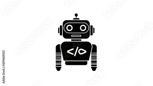 Cute robot icon with coding symbol on chest.