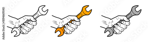 Hands holding wrenches in various grips, showcasing manual dexterity and tool handling techniques in a simple illustration from a straightforward viewpoint.