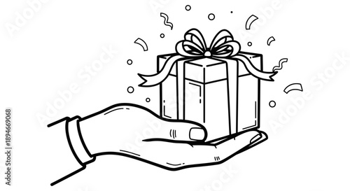 Hand holding a gift box with a ribbon and confetti, a celebratory gesture, isolated on a plain background, depicted in a simple line art style.