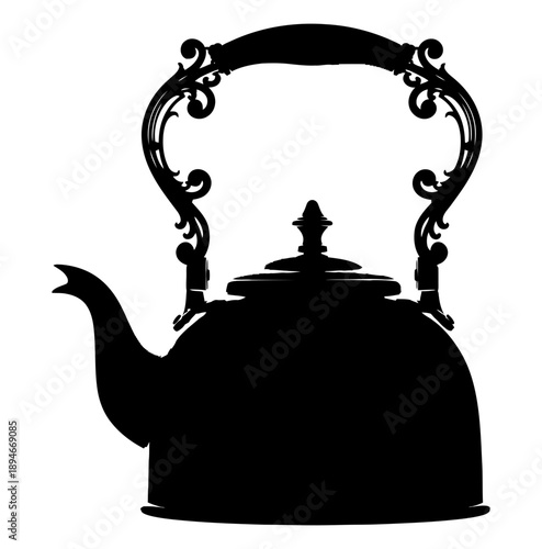 An ornate black silhouette of a teapot with a decorative handle is prominently displayed against a clean background, viewed from the front Illustration