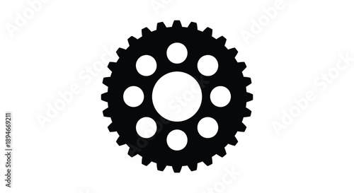 A striking black graphic depicts a circular gear with several cut out holes presented as a silhouette high quality