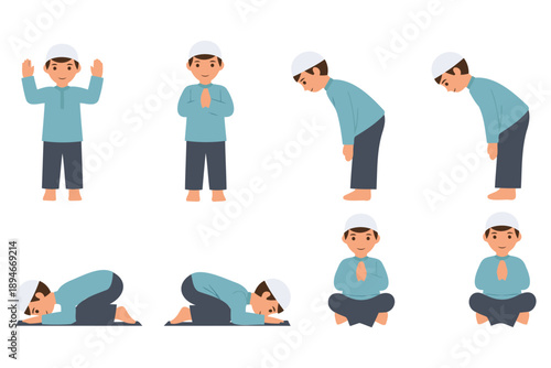 Muslim boy performing various prayer positions in a sequence of movements