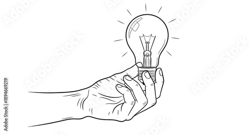 Hand holding a light bulb with radiant lines, showcasing creativity and innovation in a simple line art illustration from a straightforward viewpoint.