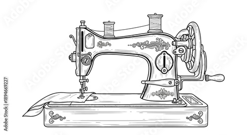 Vintage sewing machine illustration with intricate details and floral patterns on a classic device, viewed from the front, showcasing its mechanical components and ornate design.