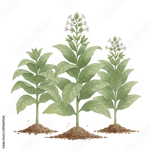 Lush Green Tobacco Plants with Delicate White Pink Flowers Growing in Rich Soil Watercolor Style Illustration