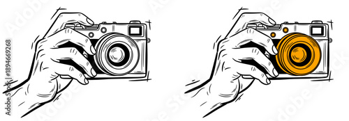 Hands holding camera, capturing moment, object focus, action scene, photography event, artistic illustration, creative viewpoint, visual expression