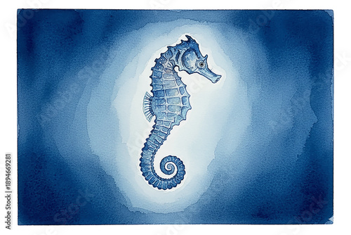 Blue seahorse gracefully swimming in deep ocean watercolor artwork with serene mood