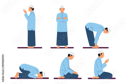 Muslim man performing various prayer positions on prayer mat isolated on white background