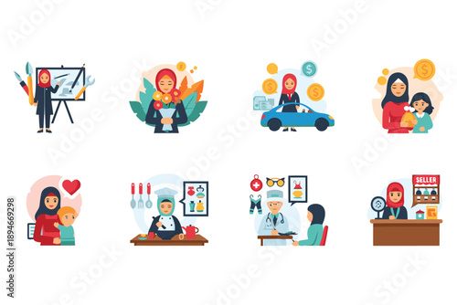 multitasking Muslim women in various professions and daily activities illustrations