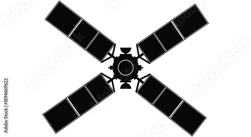A stark depiction of a satellite with expansive solar panels extended captured as a black silhouette high quality