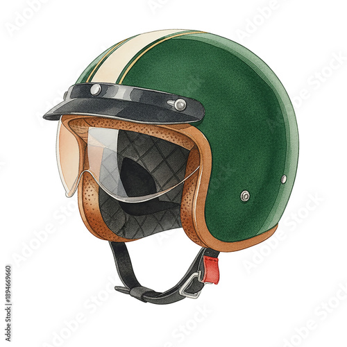 A classic green motorcycle helmet with cream and gold stripes and a dark visor watercolor illustration