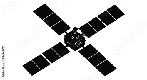 A stark depiction of a satellite in space featuring large solar panels and a central hub silhouette