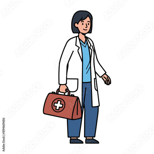 Female Doctor or Nurse Carrying a Medical First Aid Bag Illustration