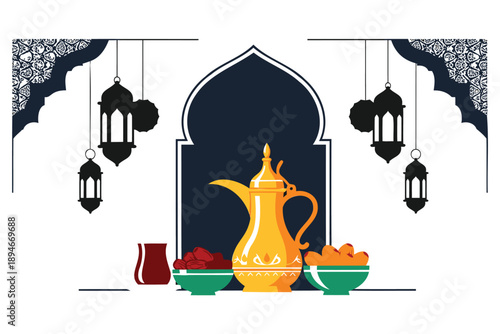 Ramadan Arabic lanterns and traditional food on table with Islamic arch