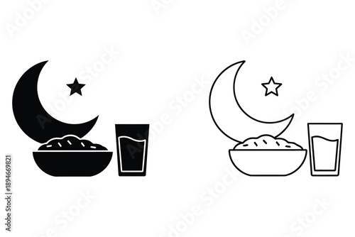 Ramadan iftar meal icons with moon star and food  traditional muslim breaking fast symbols
