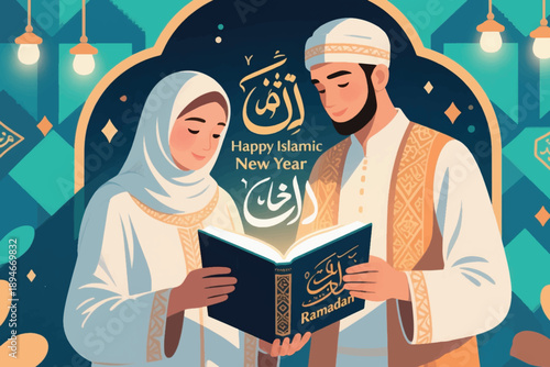 Man and woman in Islamic attire reading Ramadan book under lanterns with festive Islamic New Year text and geometric background.