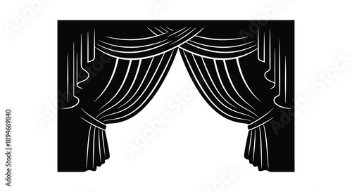 A striking black and white image depicting ornate stage curtains dramatically framed and presented as a silhouette