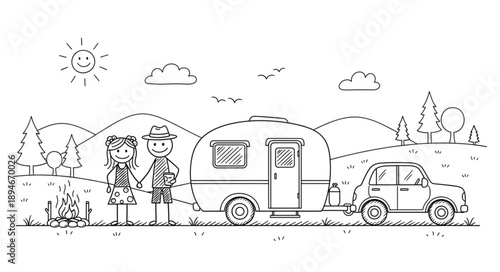 Couple holding hands with a caravan and car on a road trip.