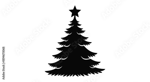 A stark black silhouette of a classic evergreen christmas tree adorned with a single star silhouette high quality