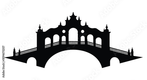 An ornate black silhouette depicts a majestic bridge with detailed architectural features and a distinctive style silhouette