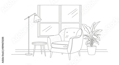 Cozy armchair next to a window with a floor lamp and plant.