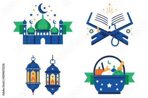 Ramadan Kareem Islamic symbols and objects  mosque lanterns basket food book