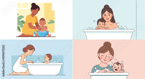 Mother bathing baby in tub with bubbles