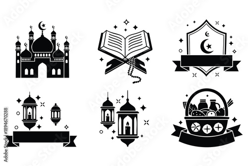 Ramadan Kareem Islamic symbols and icons set with mosque lanterns and holy book on white background