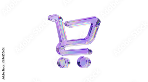 Shopping cart icon in holographic glass material. 3D rendered e-commerce symbol with iridescent finish on white background.