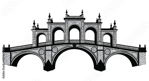 An intricately detailed black and white illustration of a historic arched bridge with ornate carvings a striking silhouette