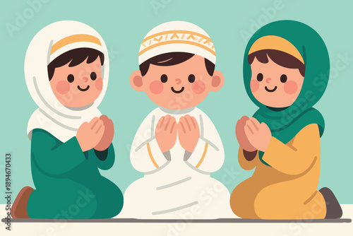 Three children in traditional attire praying with raised hands on teal background, expressing peaceful devotion.