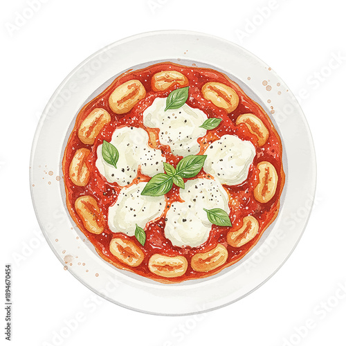Delicious Gnocchi with Tomato Sauce Mozzarella and Fresh Basil Leaves Served on a White Plate Top View Watercolor