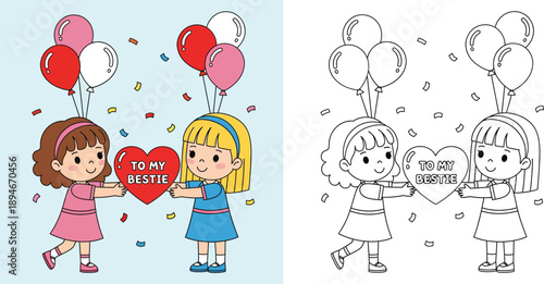 Cute cartoon girls holding heart for bestie with balloons, colored and outline coloring page vector illustration